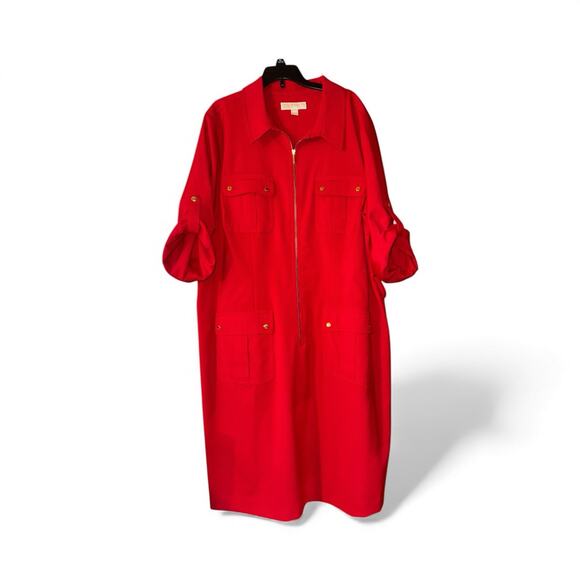 Michael Kors Red Utility Shirt Dress 18W Zip Front Gold Buttons Pocket Style - Picture 2 of 4